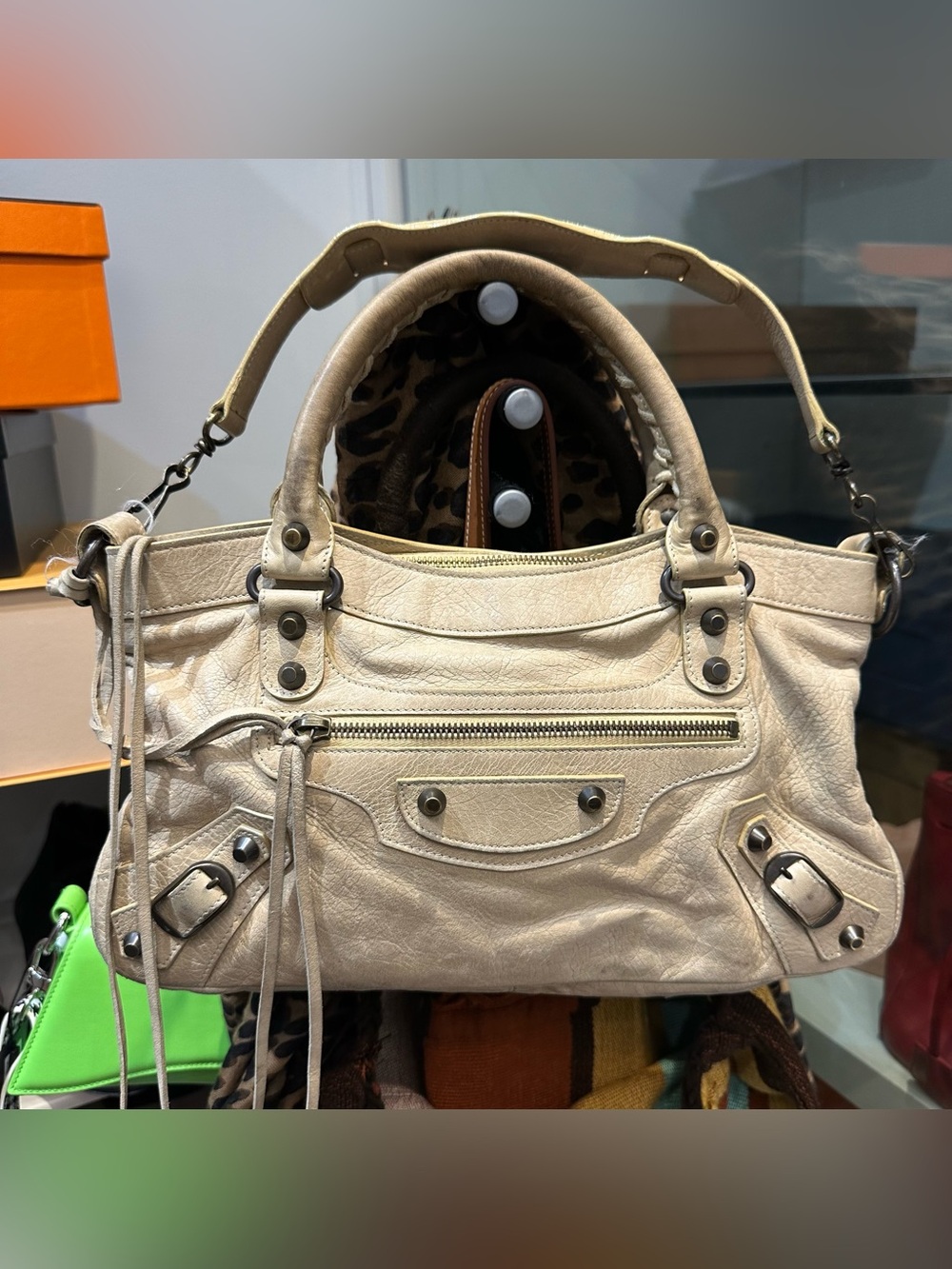 BALENCIAGA beige Lambskin Leather Motorcycle First Bag